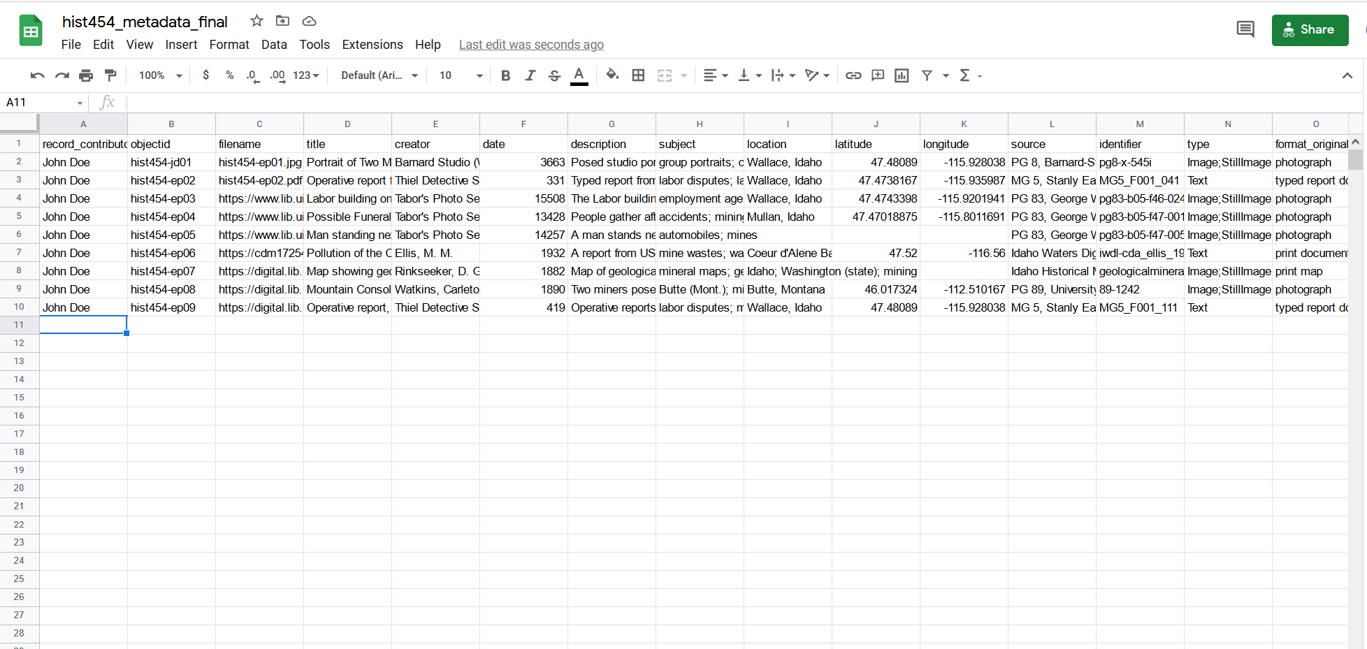 spreadsheet with empty cell on empty row selected