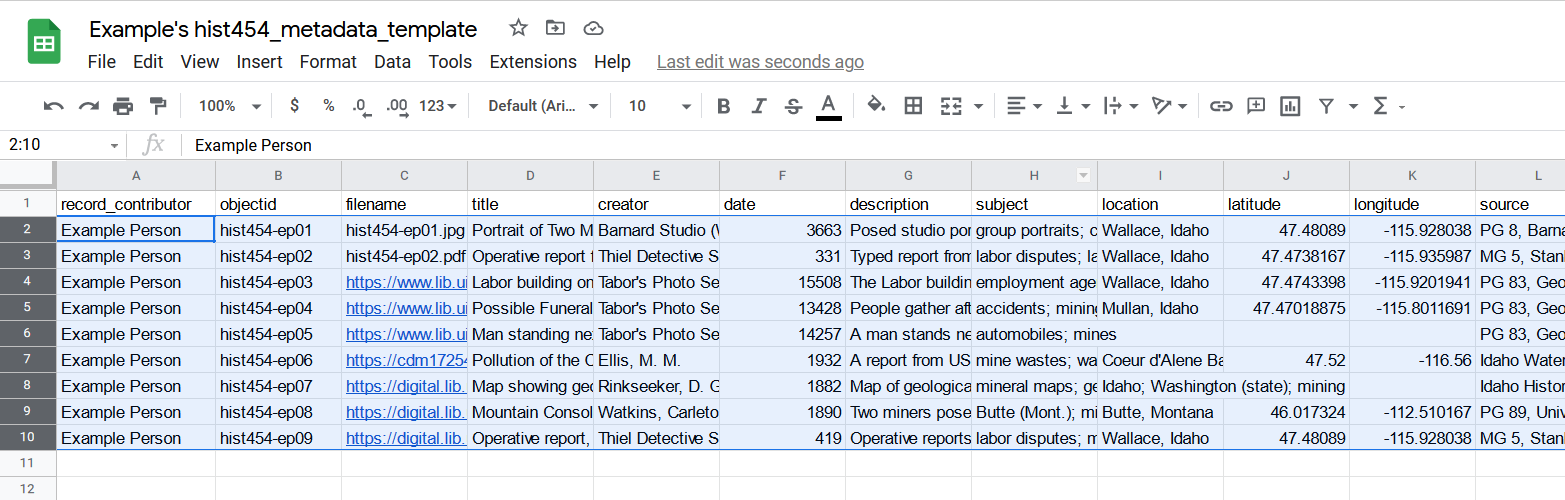 spreadsheet with rows selected