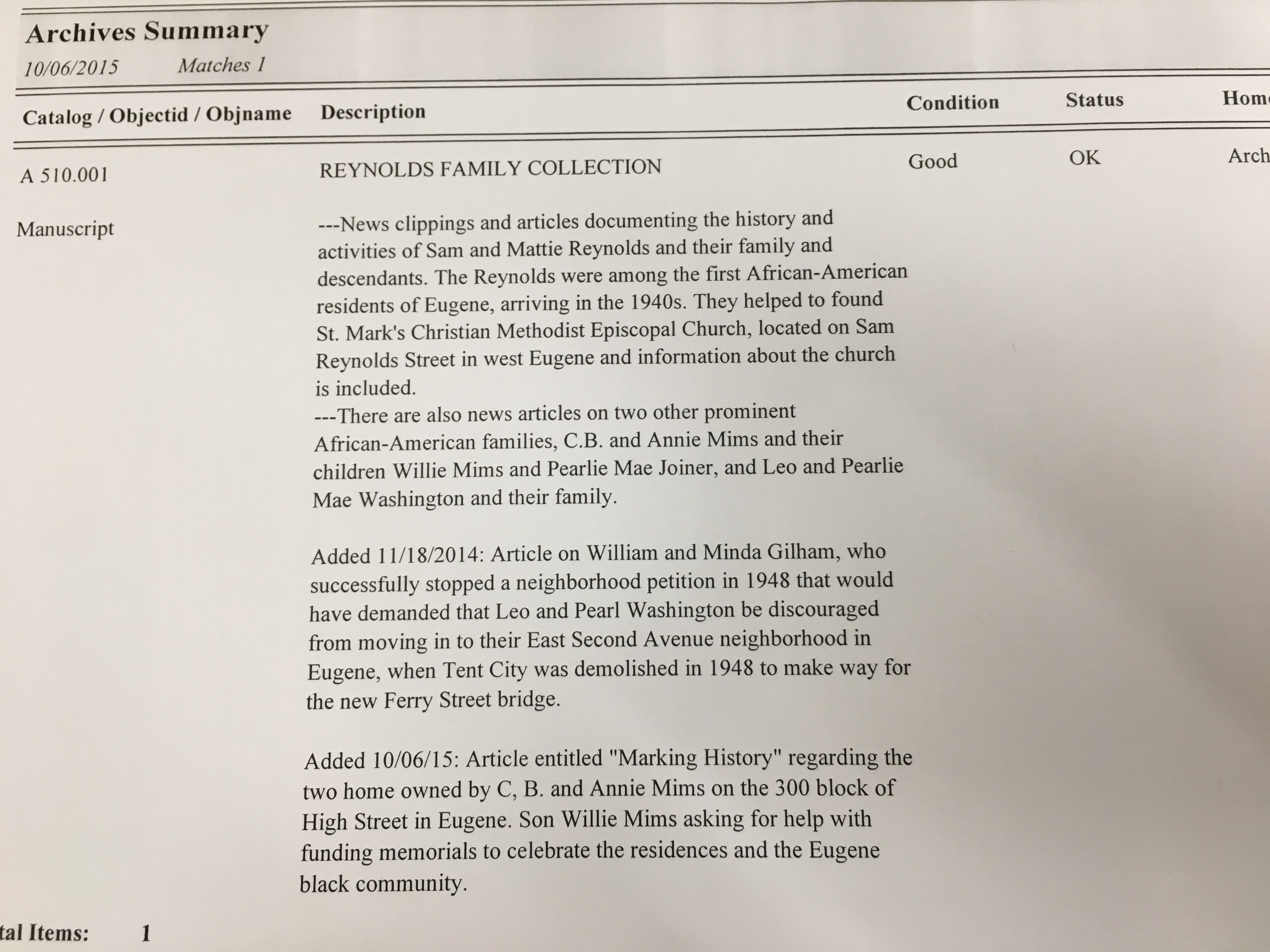 Archives Summary: Reynolds Family Collection