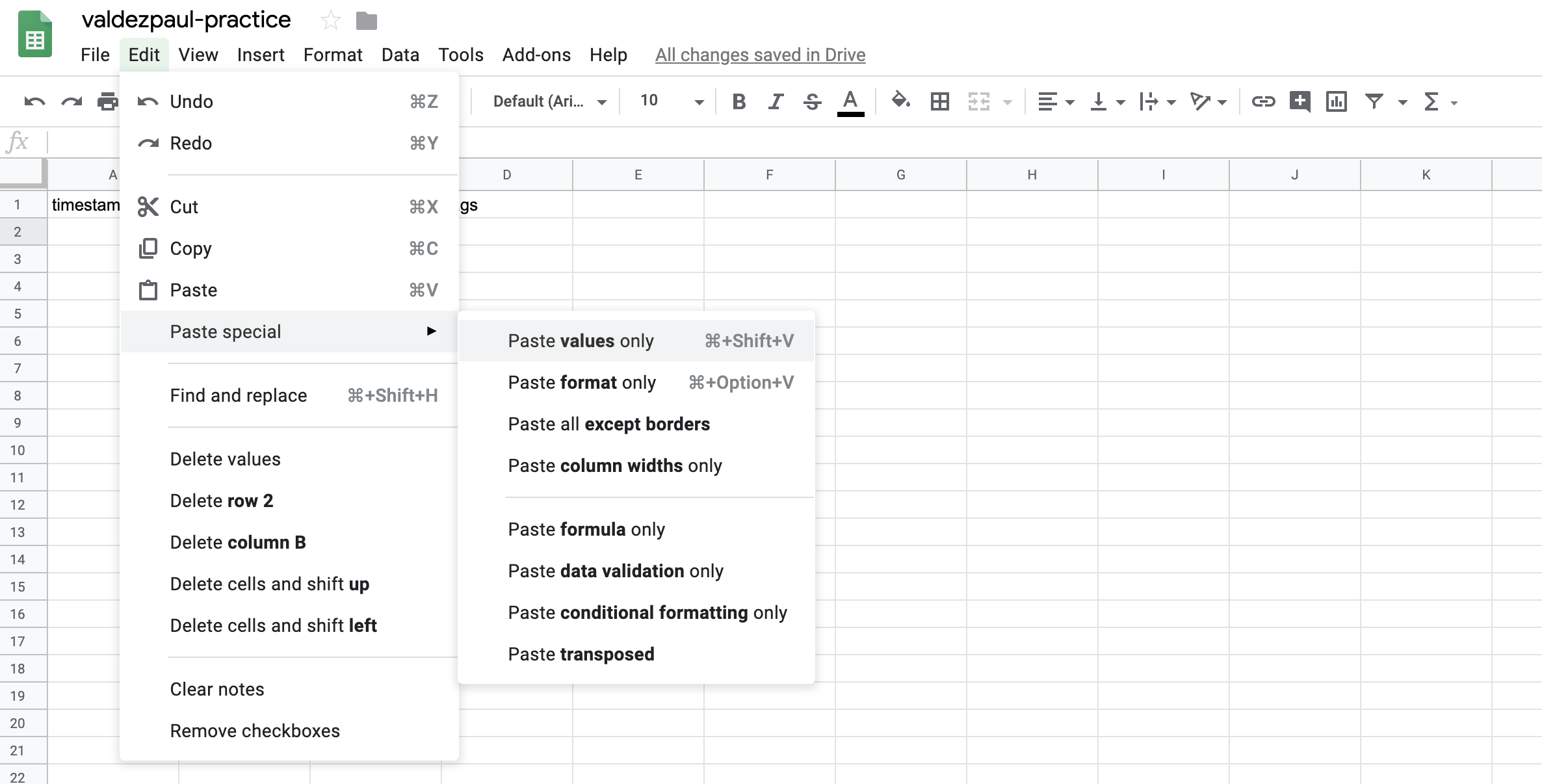 a screenshot of pasting text in google sheets