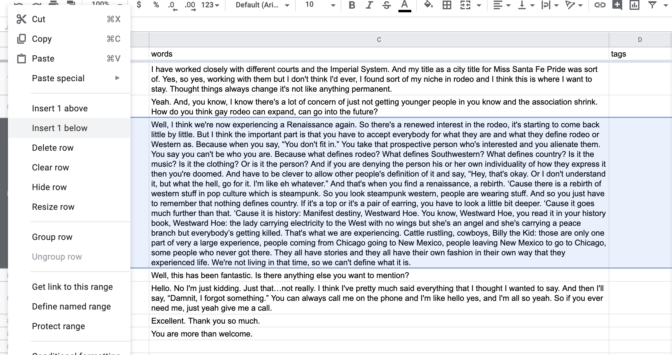 a screenshot of pasting text in google sheets