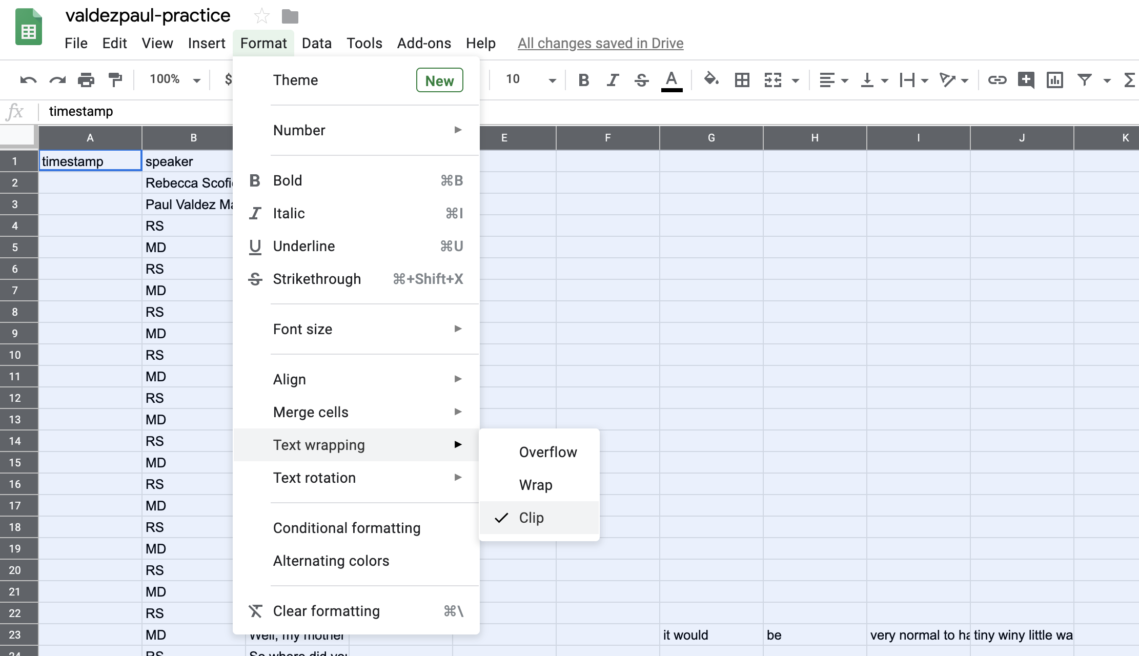 a screenshot of pasting text in google sheets