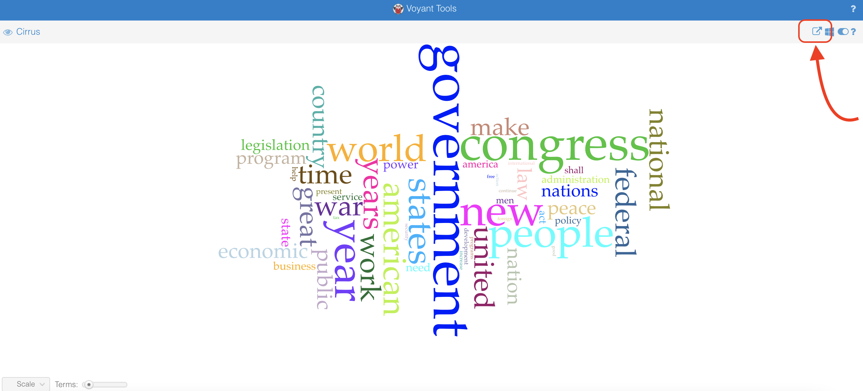 image of full screen Voyant word cloud showing the Export icon