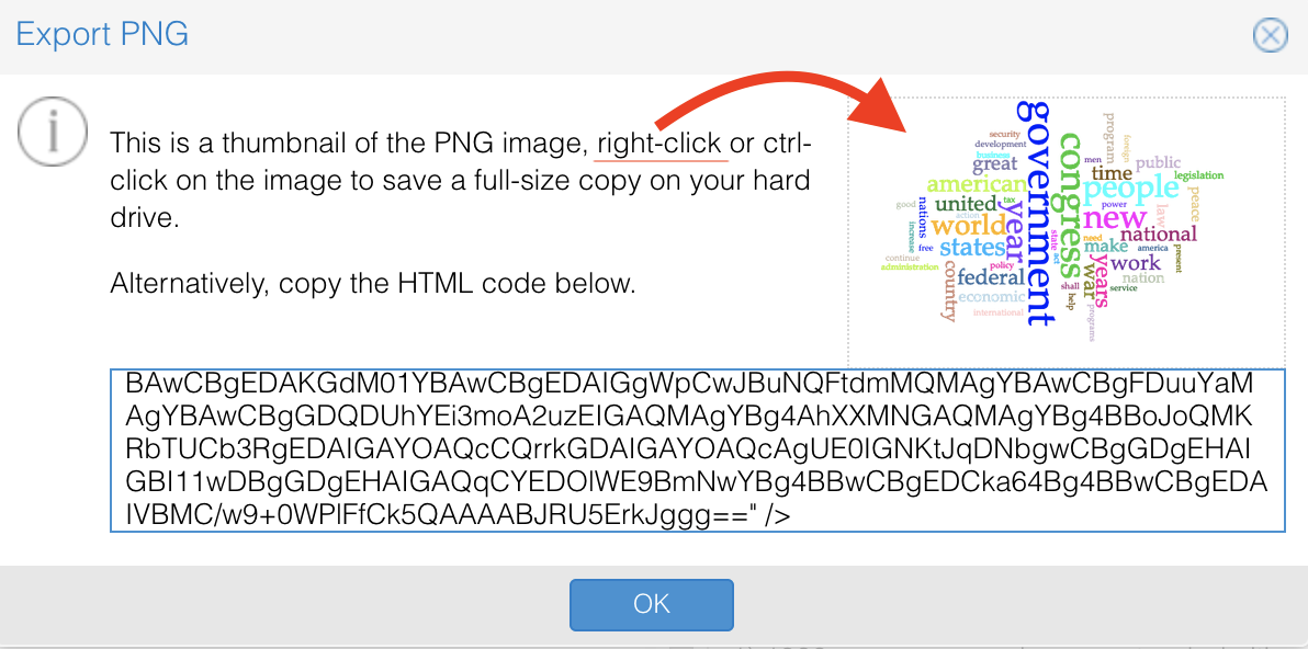 image of Voyant Export PNG popup, with option to right-click thumbnail preview