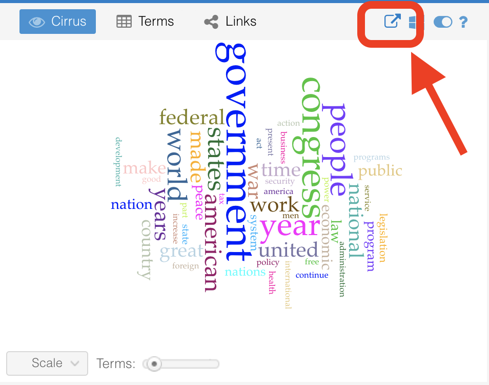 image of Voyant wordcloud showing the Export icon